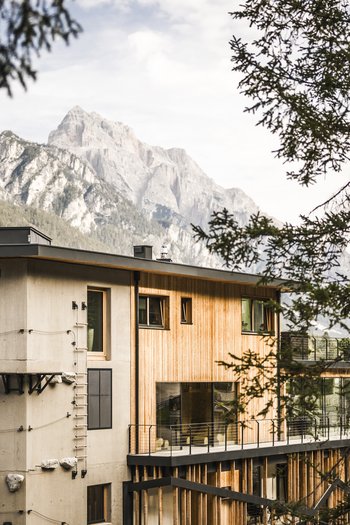 Weekly programme of the “Wanderhotels Südtirol” Modern house with climbing wall and mountain view framed by tree branches